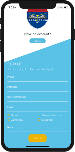 Breakdown Inc App Signup Screen